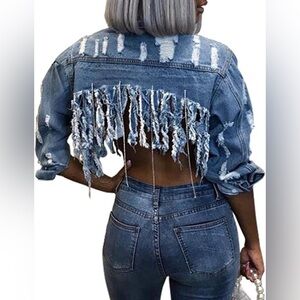 (B2) Shein Blue Denim Distressed Ripped Cropped Jean Style Jacket M